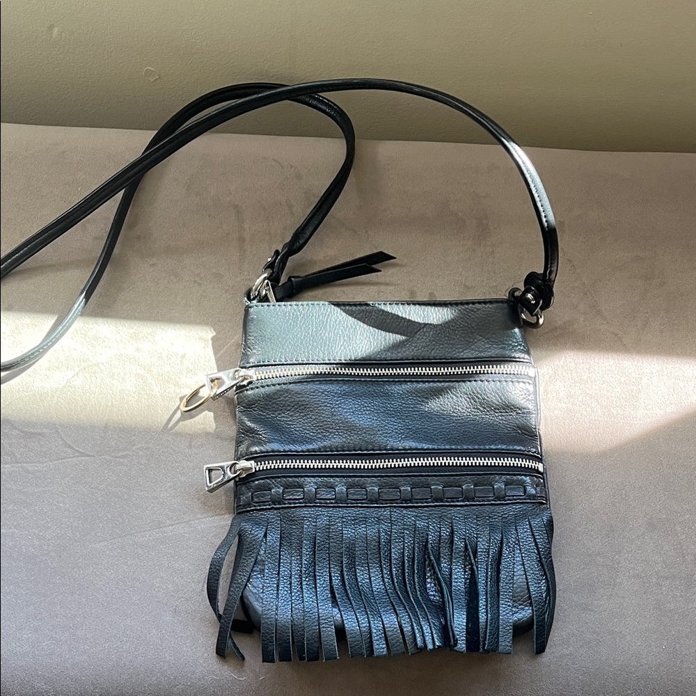 B. Makowsky Dark Leather Crossbody with Fringe Detail
